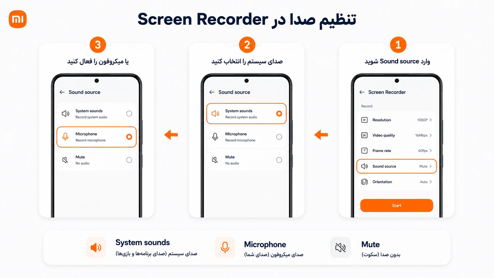 انتخاب منبع صدای Screen Recorder شیائومی تنظیم صدای ضبط صفحه شیائومی با System sounds و Microphone