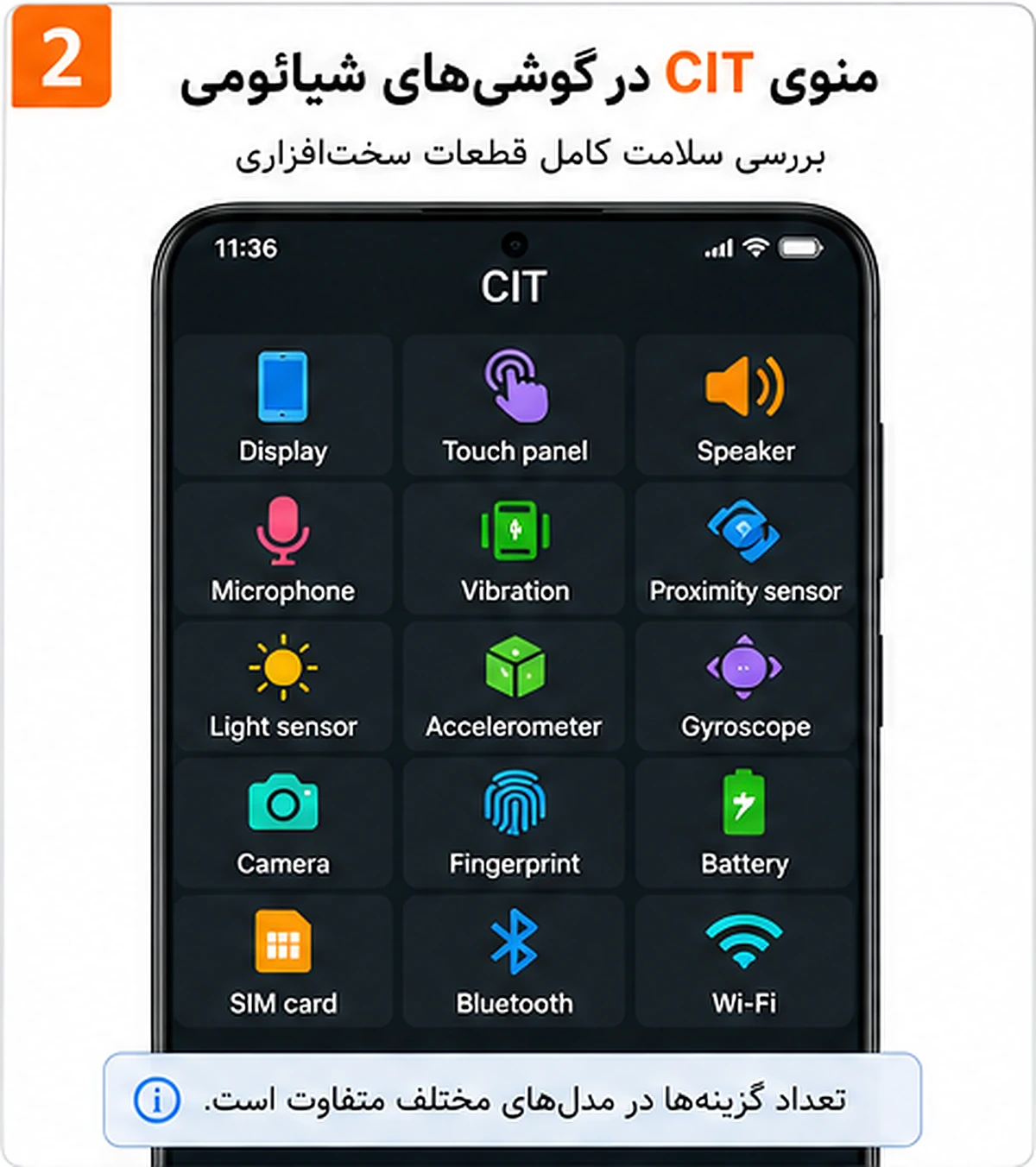 گزینههای تست سختافزار در منوی CIT شیائومی منوی CIT گوشی شیائومی برای تست سختافزار