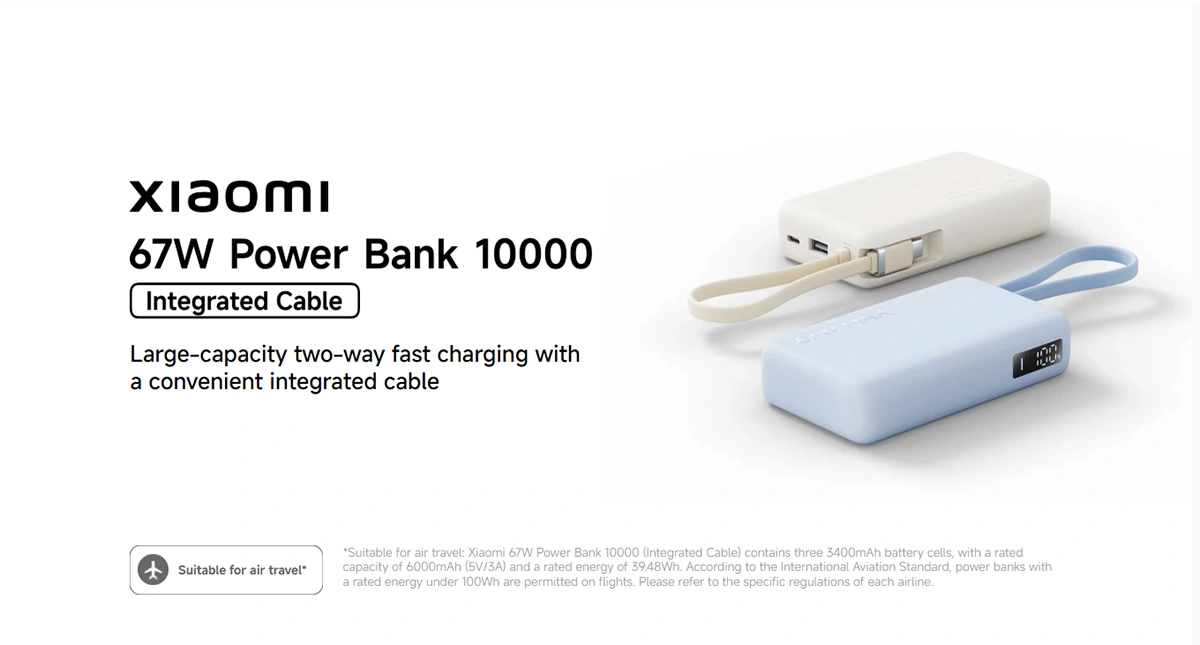 پاوربانک شیائومی مدل Xiaomi 67W Power Bank 10000 با کابل داخلی پاوربانک شیائومی مدل Xiaomi 67W Power Bank 10000 با کابل داخلی